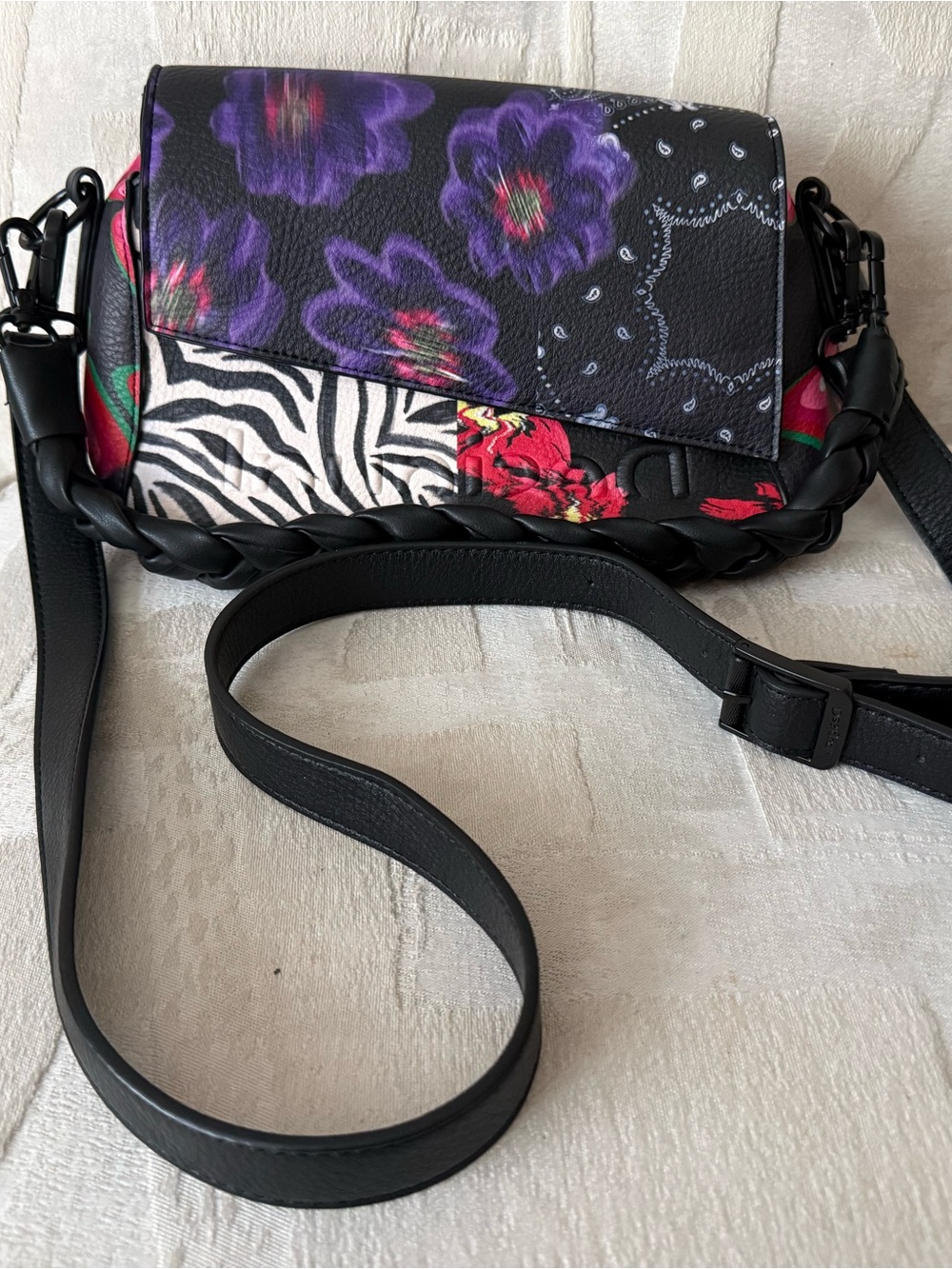 Stylish Black Floral & Zebra Crossbody Bag